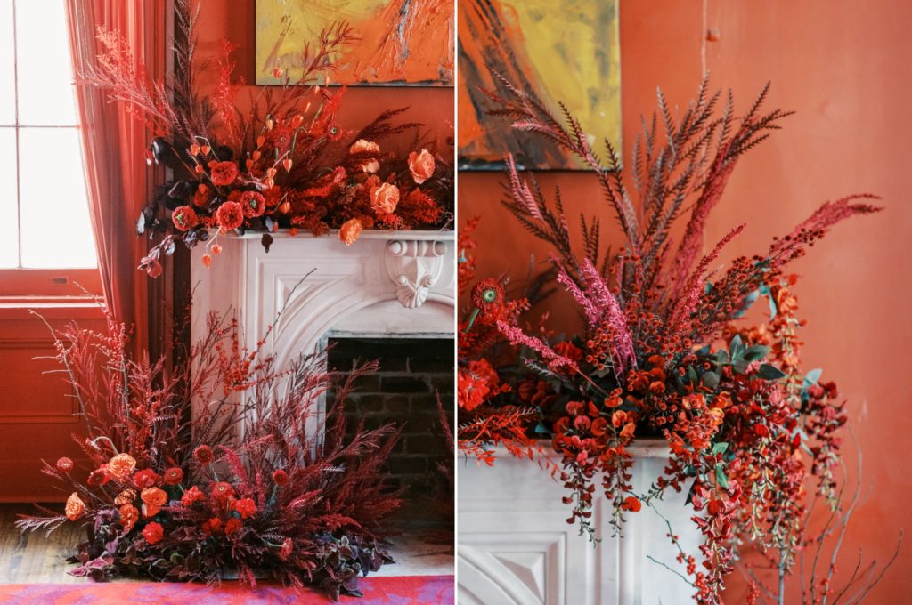 Fireplace mantle floral design by Maxine Owens.